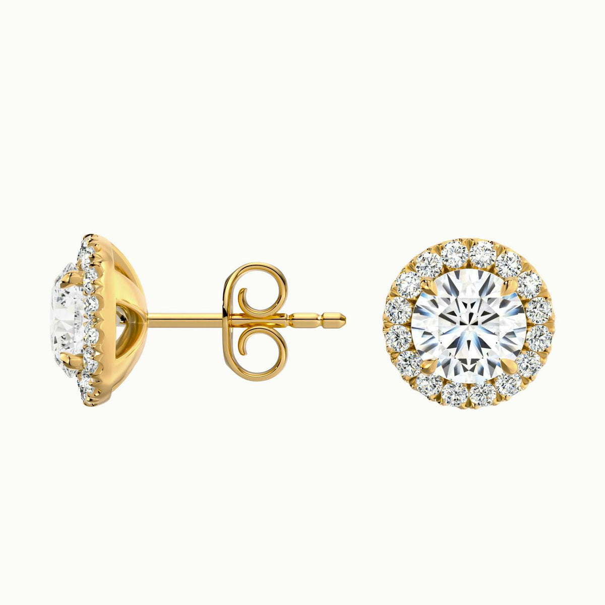 Round Halo Lab Grown Diamond Stud Earrings in 14K Yellow Gold